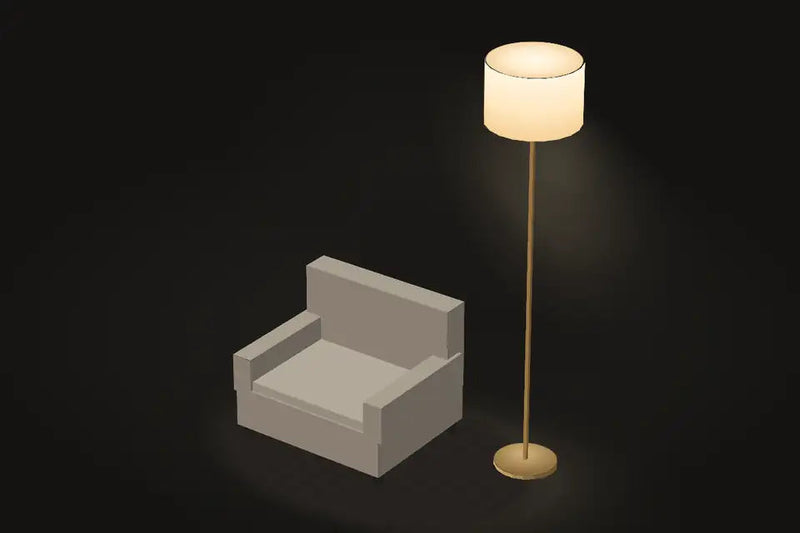 A brass floor lamp next to a lounge chair
