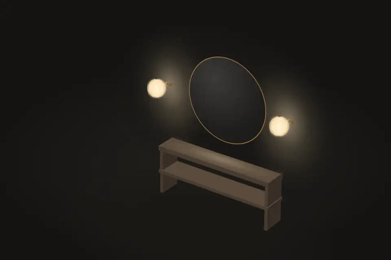 Two glass wall lights beside a round mirror