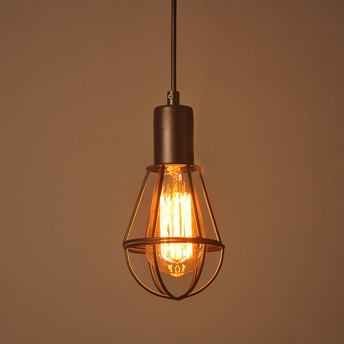 Moodly Cage black wire cage pendant light with a glowing filament bulb