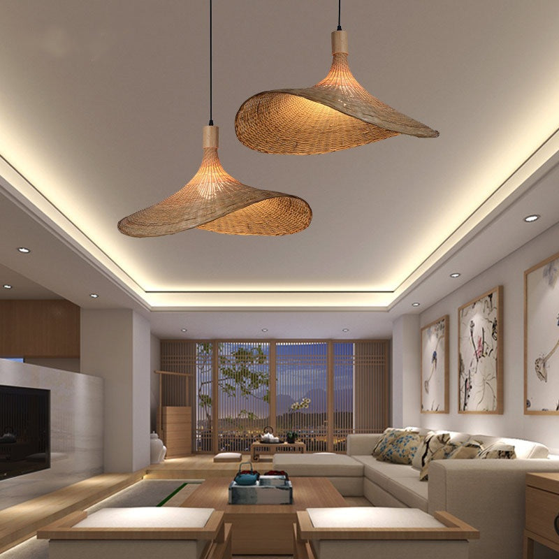 Two Moodly Wave bamboo pendant lights in a living room