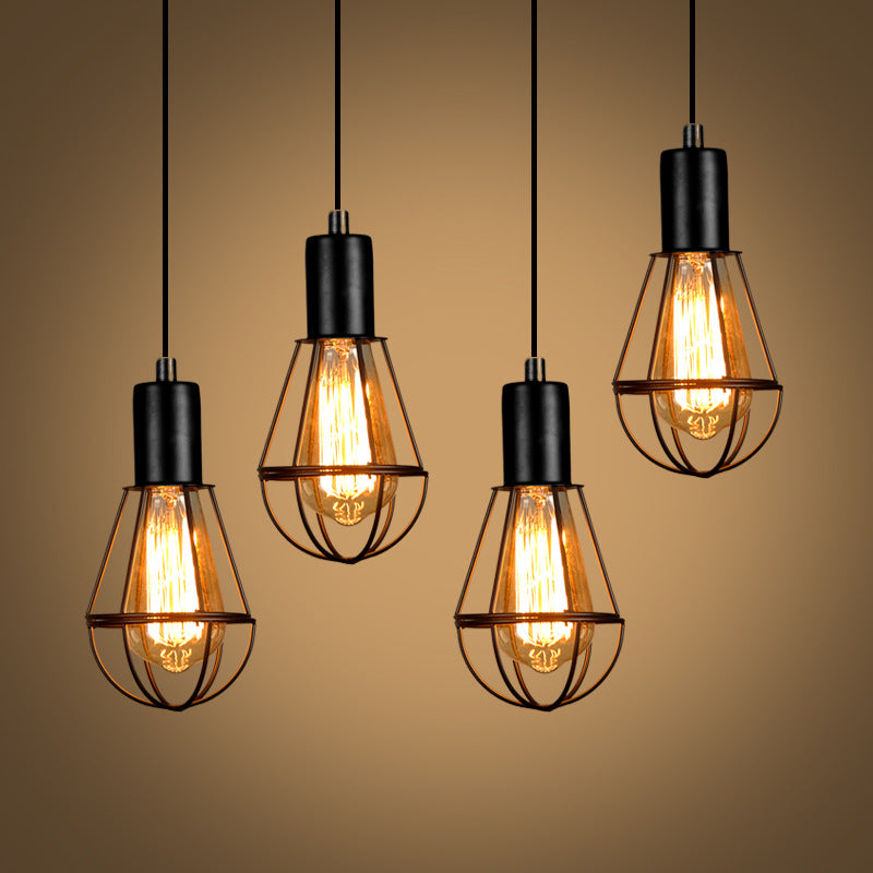 Four Moodly Cage wire cage pendant lights glowing at different heights