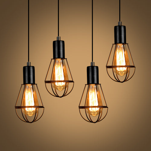 Four Moodly Cage wire cage pendant lights glowing at different heights