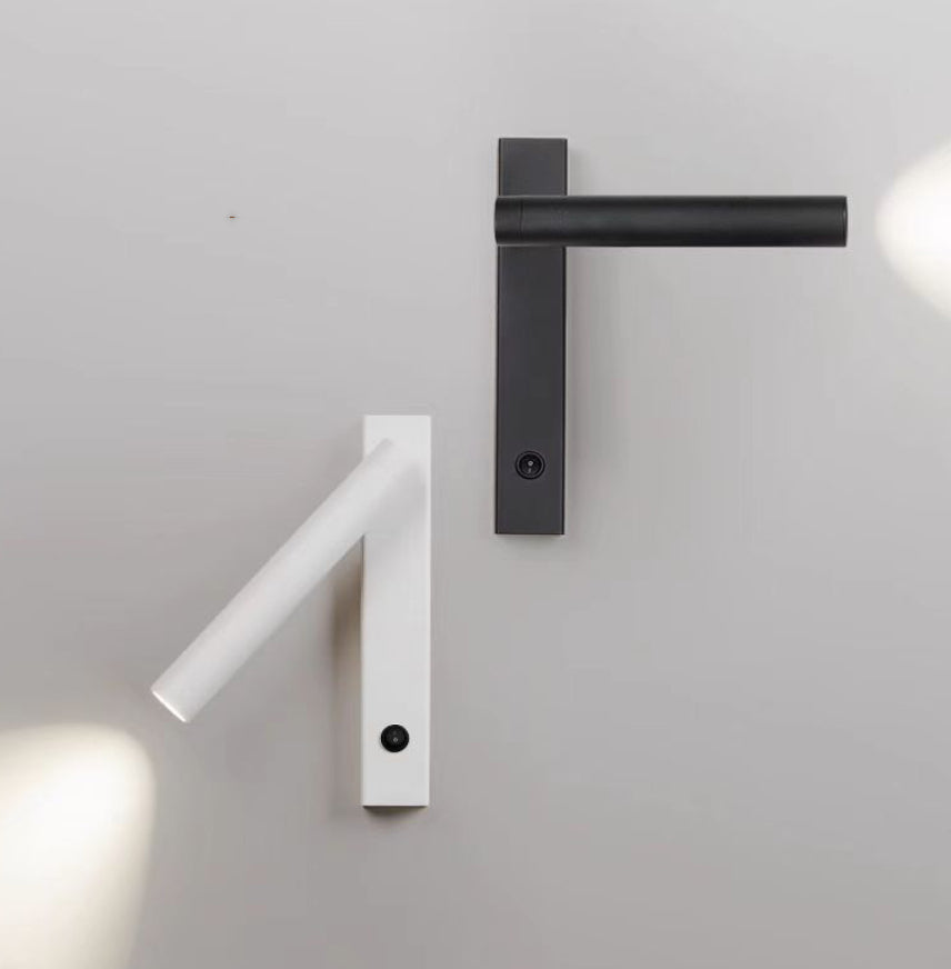 Moodly Beam wall reading lights in black and white with the light tube turned