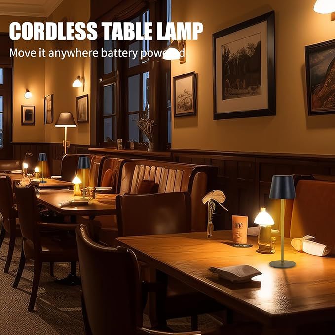 Moodly Roam cordless lamps on restaurant tables in the evening