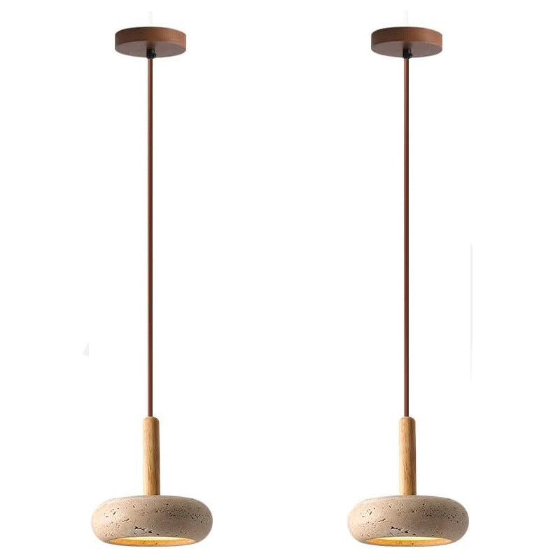 Two Moodly Pebble stone and wood pendant lights on a white background