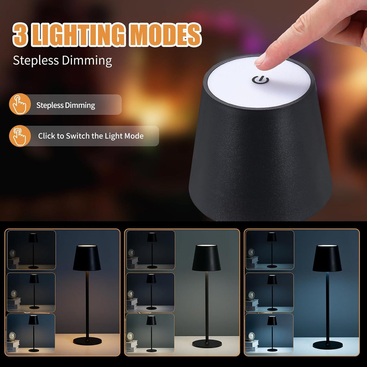Moodly Roam touch control with three light modes and stepless dimming