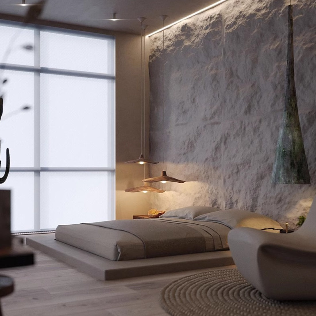 Moodly Dune pendant light beside a bed in a calm bedroom
