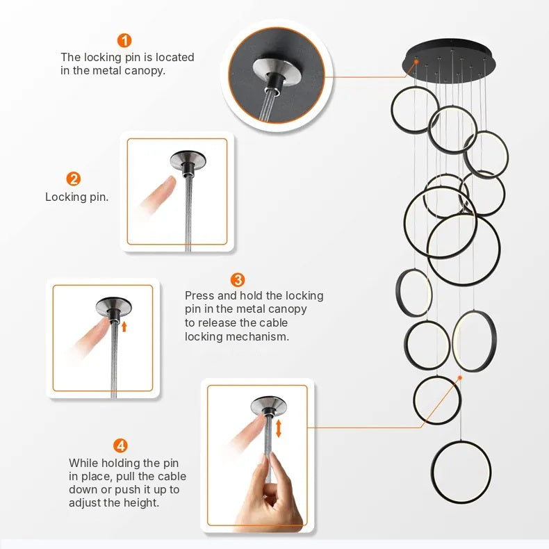How to adjust the height of a Moodly Orbit ring: press and hold the locking pin and slide the cable